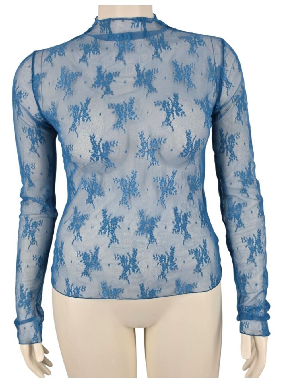 NWT Women's Teal Blue Lace Stretch Sheer Long Sleeve Blouse Large High Neck